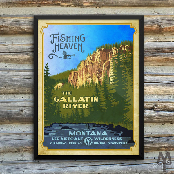 Gallatin River, Fishing Heaven, vintage framed poster – Montana