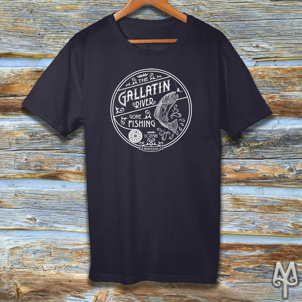 Gallatin River Gone Fishing, white logo t-shirt, Navy