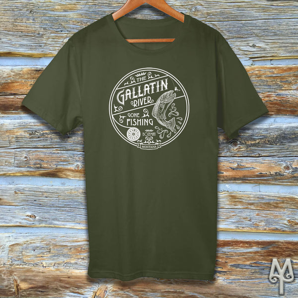 Gallatin River Gone Fishing, white logo t-shirt, Olive