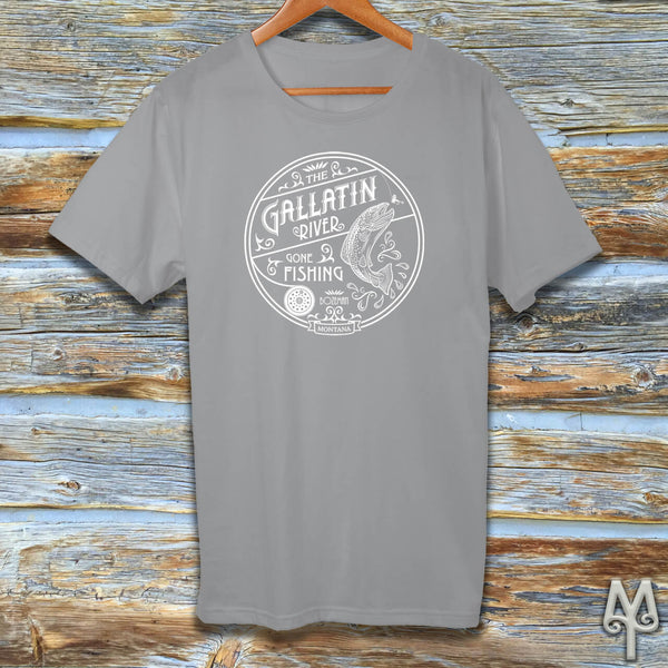 Gallatin River Gone Fishing, white logo t-shirt, Grey