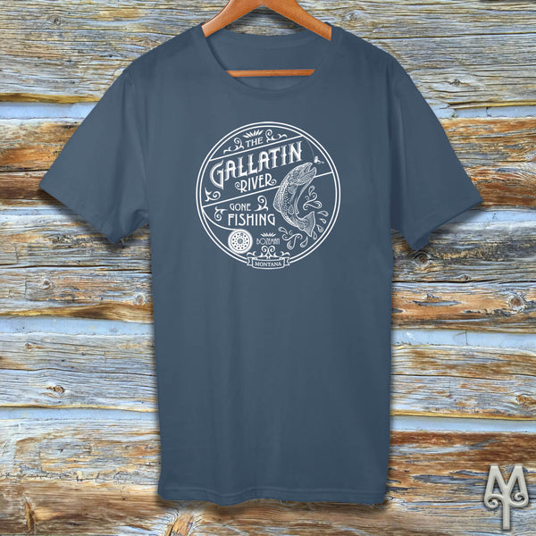 Gallatin River Gone Fishing, white logo t-shirt, Steel Blue