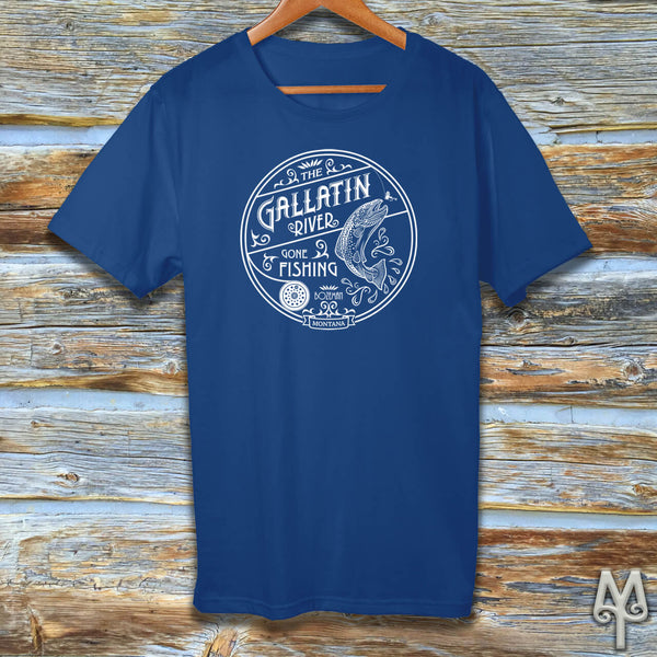 Gallatin River Gone Fishing, white logo t-shirt, Royal Blue