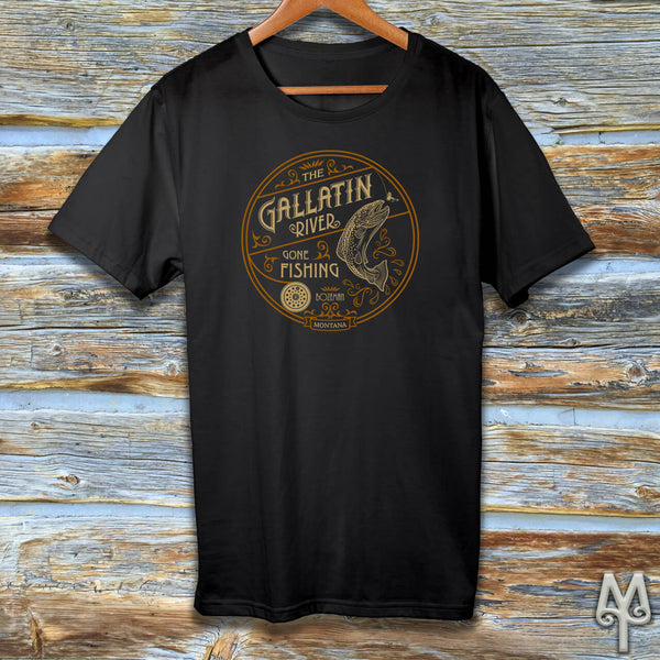 Gallatin River Gone Fishing, black t-shirt
