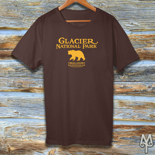 Glacier National Park, gold logo t-shirt, Brown