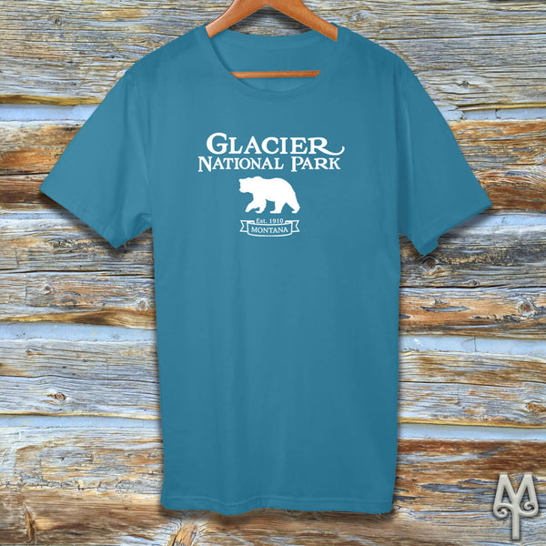 Glacier National Park, white logo t-shirt, Aqua