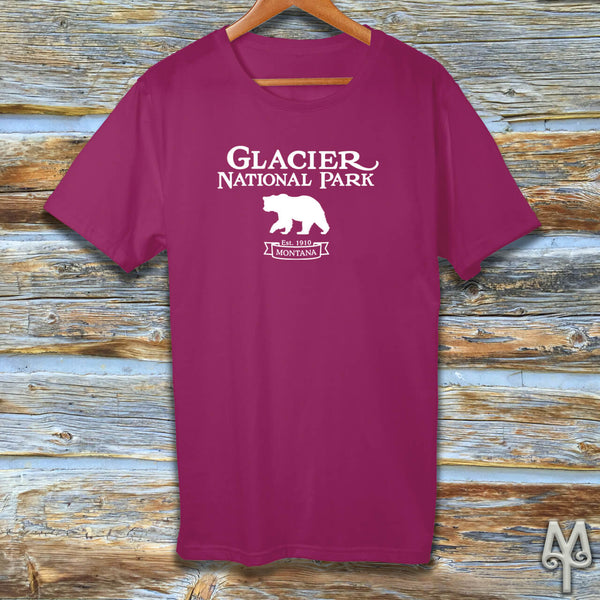 Glacier National Park, white logo t-shirt, Berry