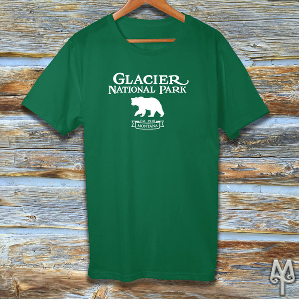 Glacier National Park, white logo t-shirt, Kelly Green