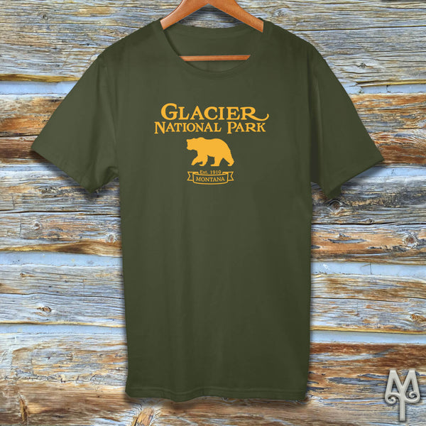 Glacier National Park, gold logo t-shirt, Olive