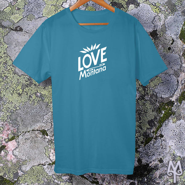 Love Montana, white logo t-shirt, Aqua