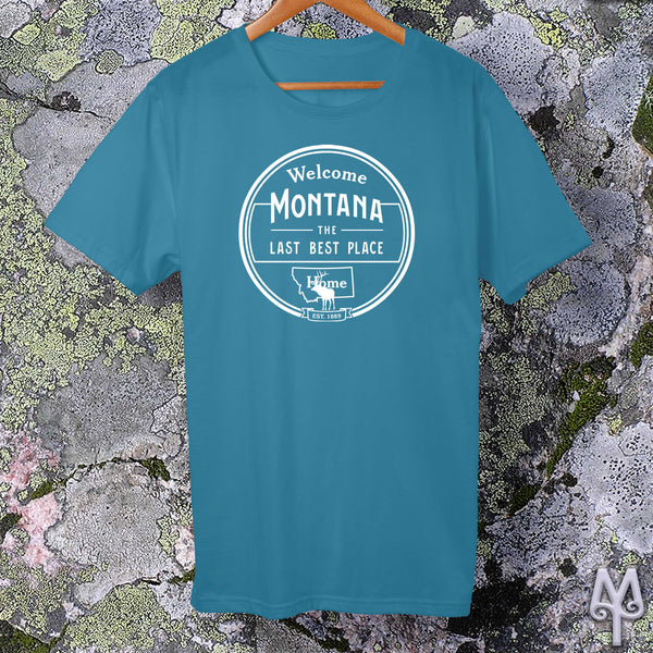 Montana The Last Best Place, white logo t-shirt, Aqua