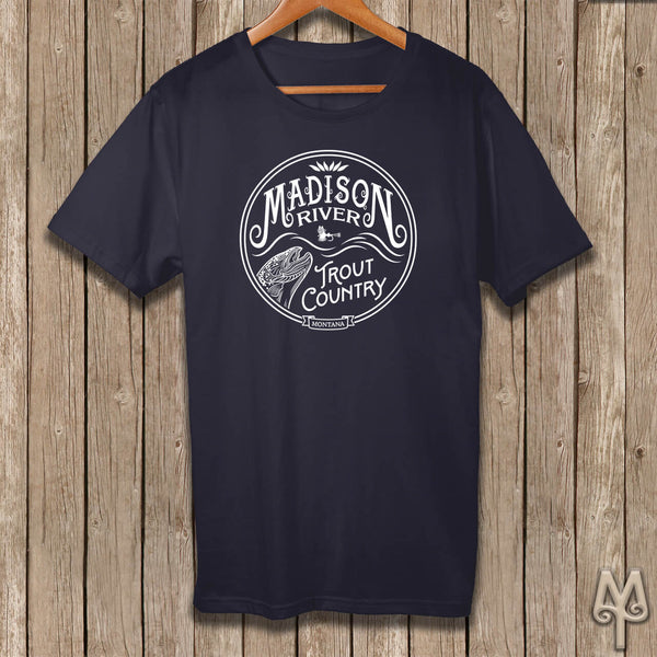 Madison River Trout Country, white logo t-shirt, Dark Navy