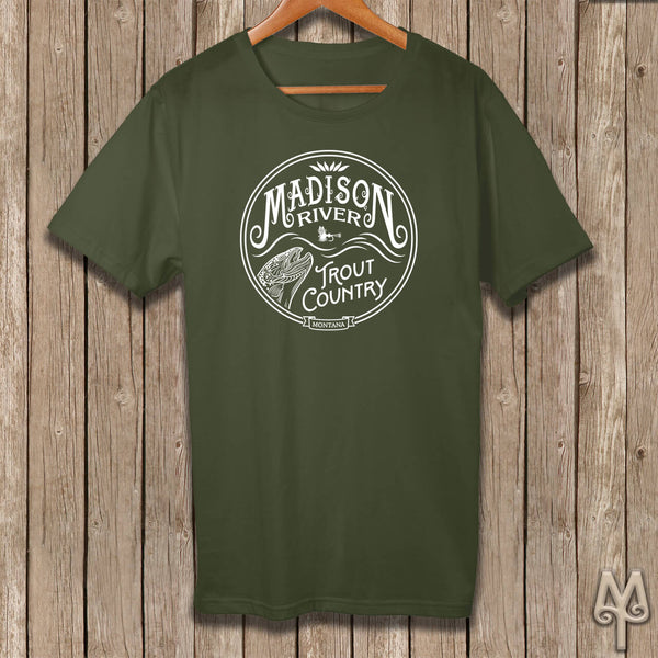 Madison River Trout Country, white logo t-shirt, Olive