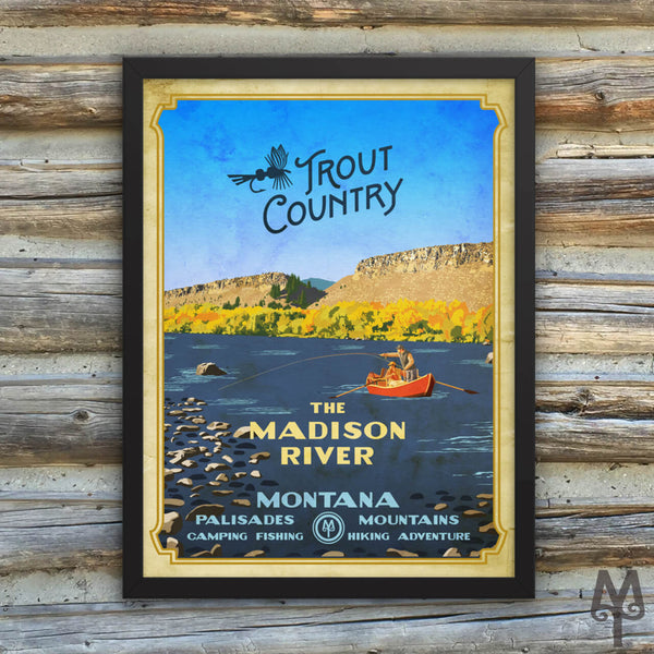Madison River, Trout Country, vintage framed poster