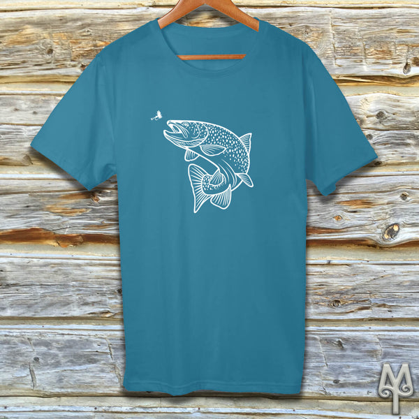 Rising Trout, white logo t-shirt, Aqua