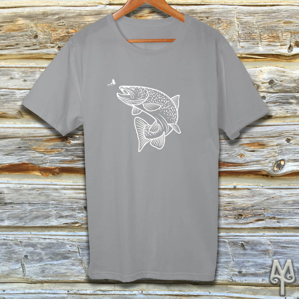Rising Trout, white logo t-shirt, Grey