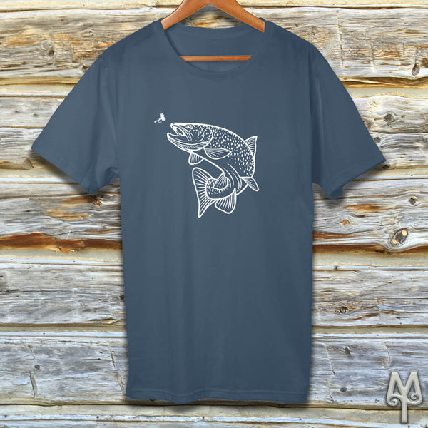 Rising Trout, white logo t-shirt, Steel Blue