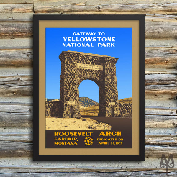 Yellowstone National Park, Roosevelt Arch, matted, framed poster