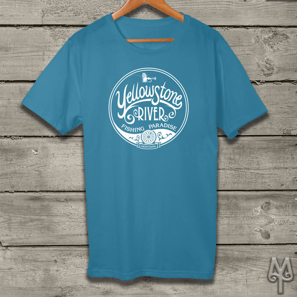 Yellowstone River Fishing Paradise, white logo t-shirt, Aqua