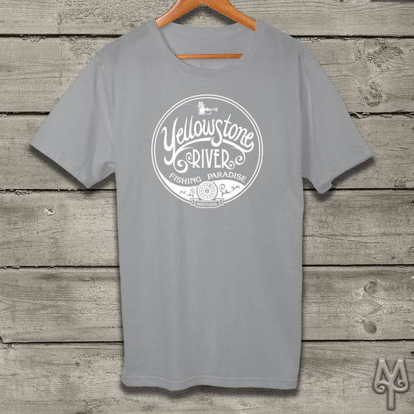 Yellowstone River Fishing Paradise, white logo t-shirt, Grey