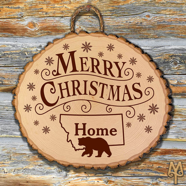 Merry Christmas, Montana Home Grizzly Bear, Bass Wood Sign