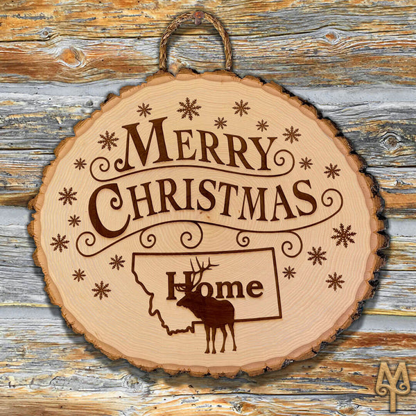 Merry Christmas, Montana Home Elk, Bass Wood Sign